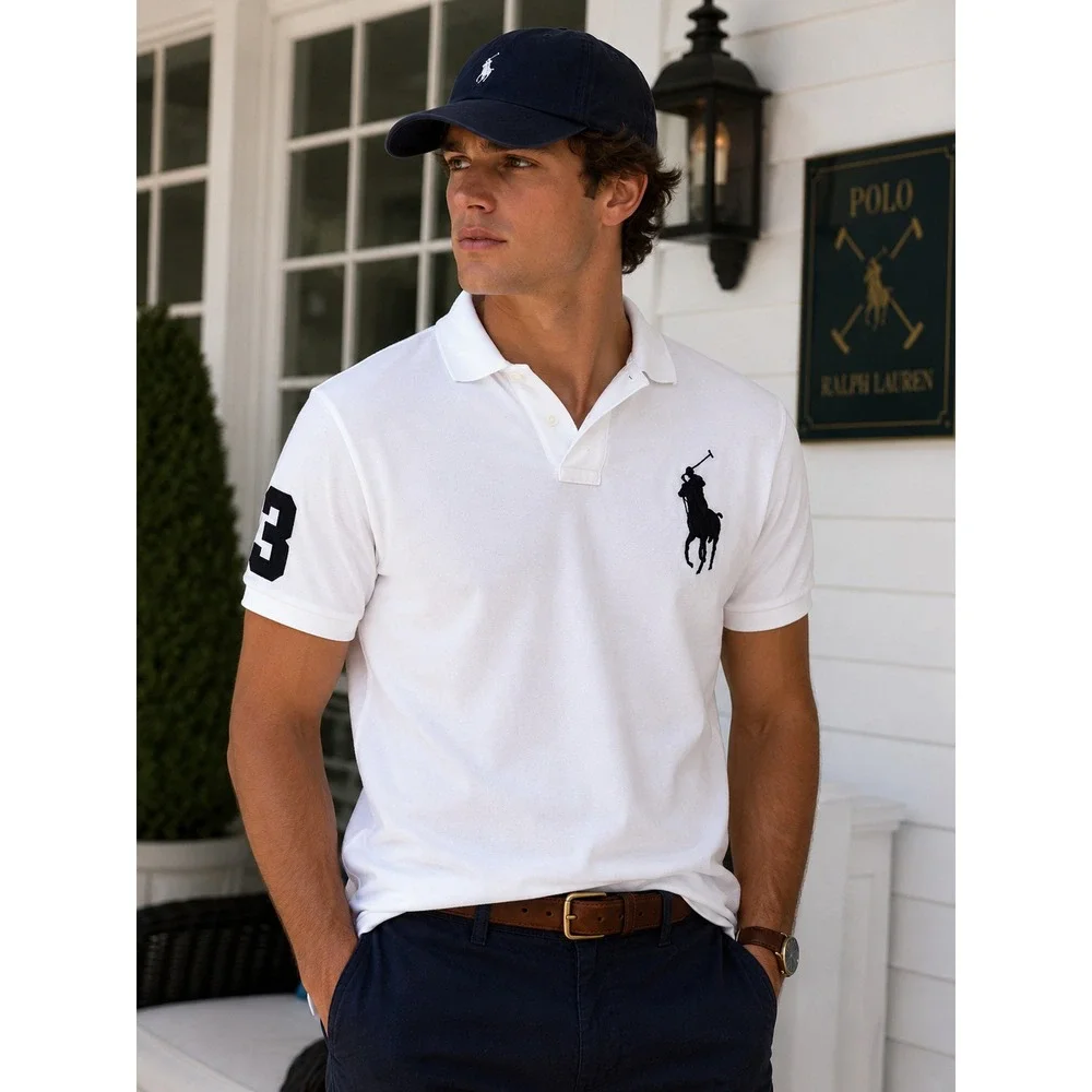 POLO RALPH LAUREN Mens Big Pony Custom Slim Fit Polo Shirt -WHITE XXL